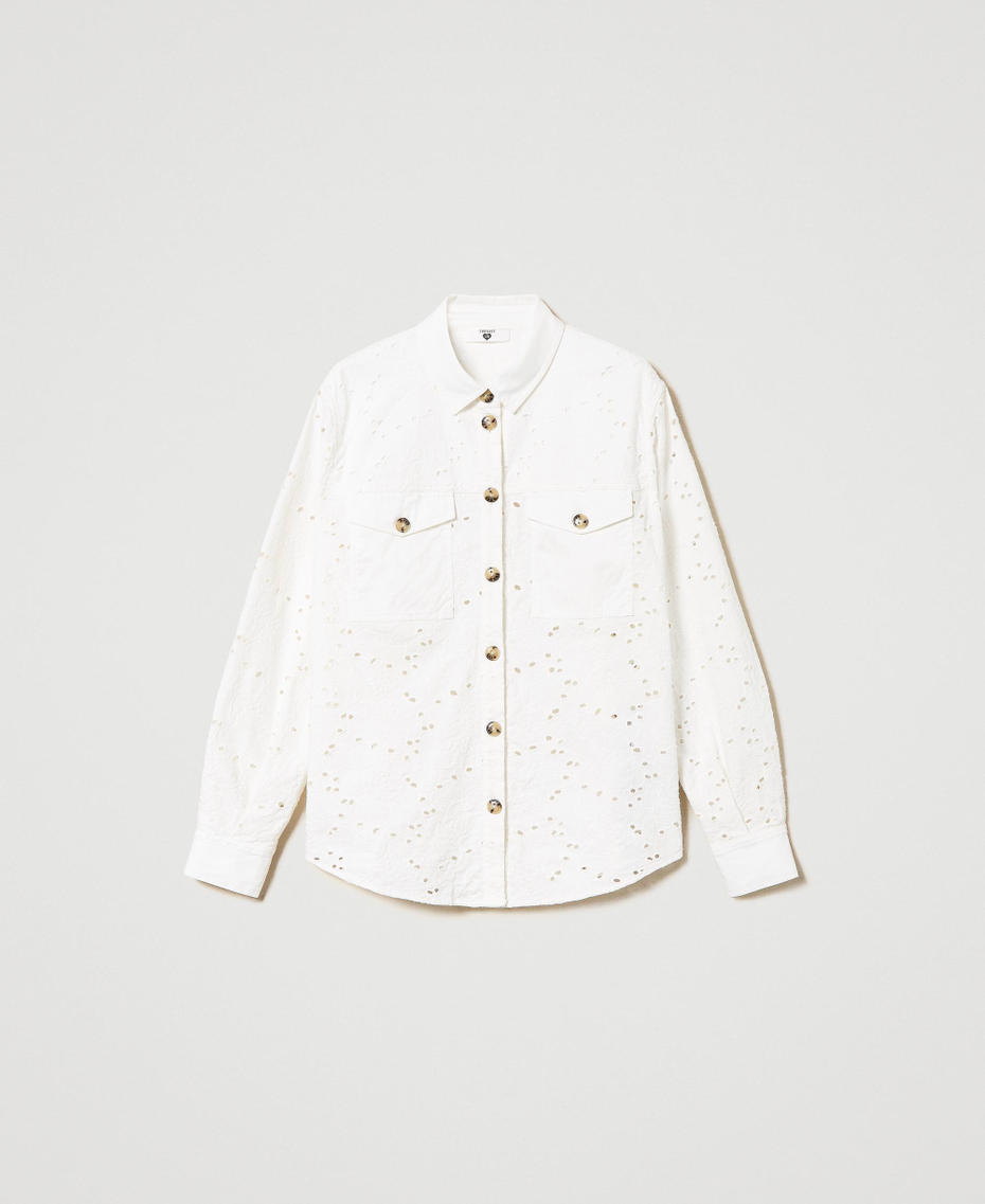 Camicia in twill con ricamo sangallo Off White Donna 241LL2JAA_00526_S0