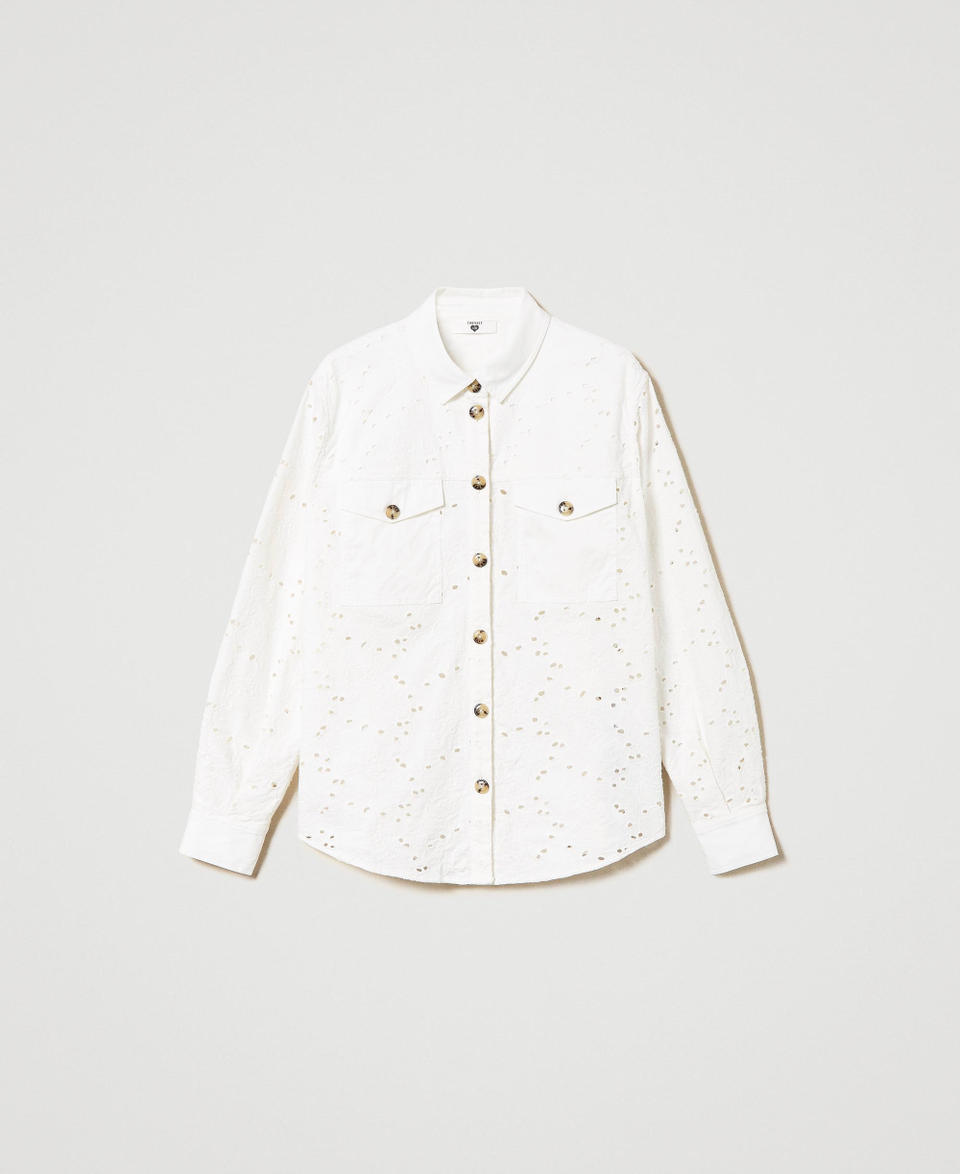 Camicia in twill con ricamo sangallo Off White Donna 241LL2JAA_00526_0S