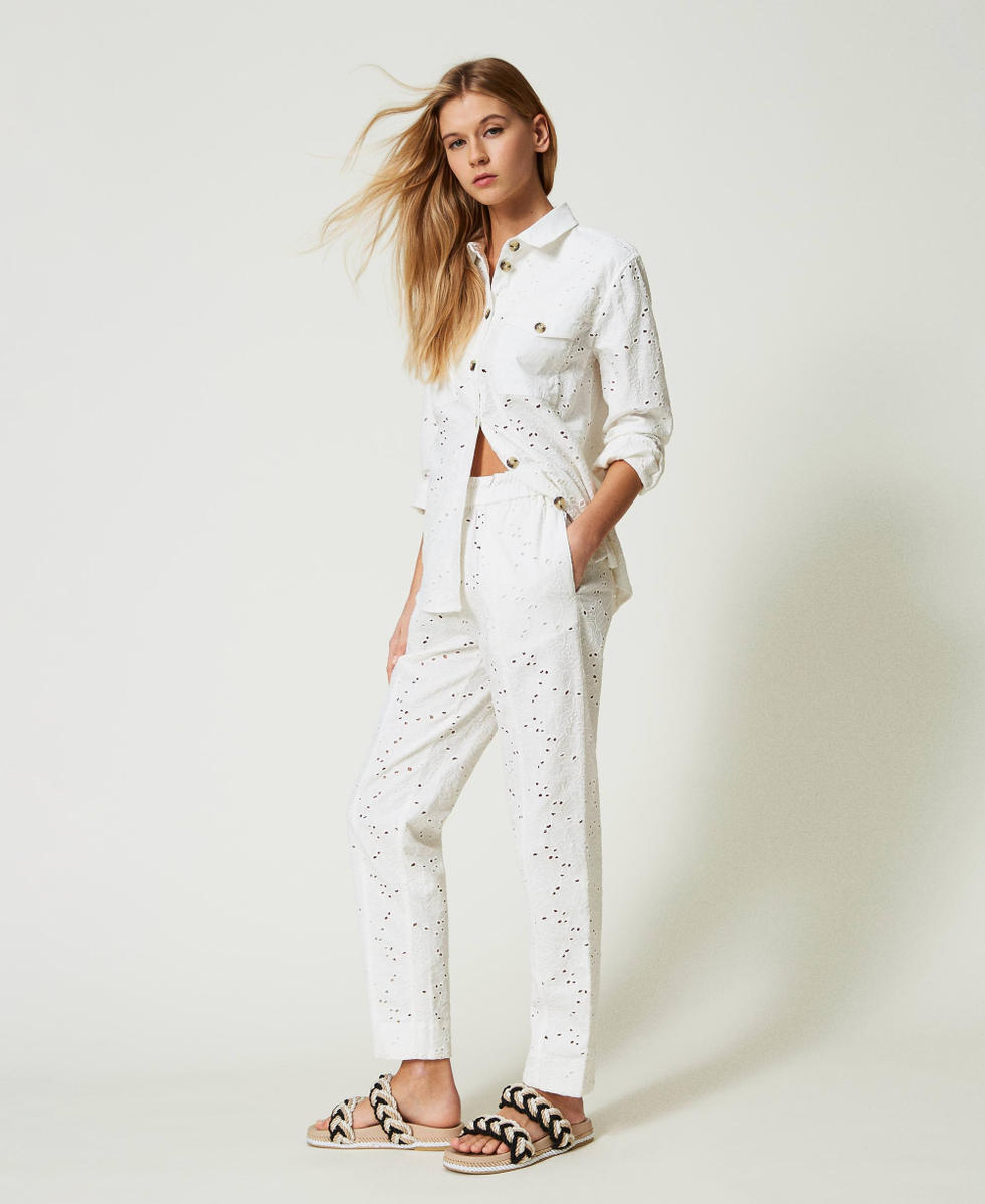 Pantalon en serge avec broderie anglaise Femme Blanc TWINSET Milano
