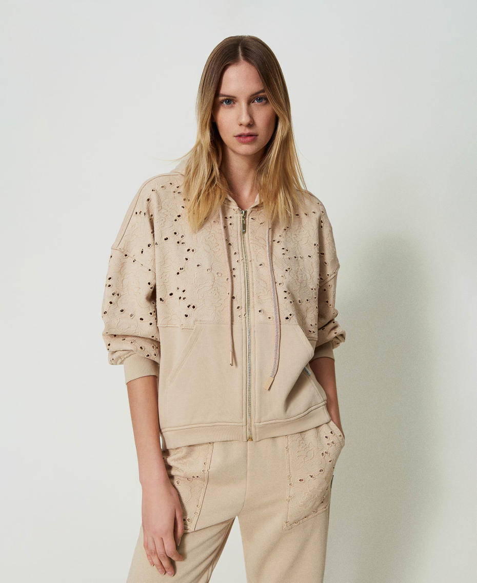 Hoodie with broderie anglaise and zip