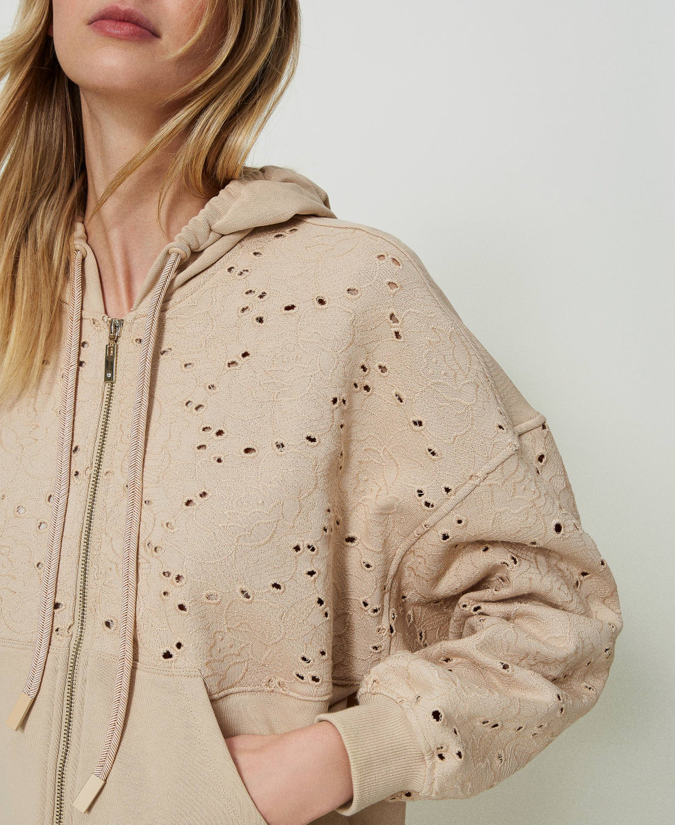 Hoodie with broderie anglaise and zip Woman Beige TWINSET Milano