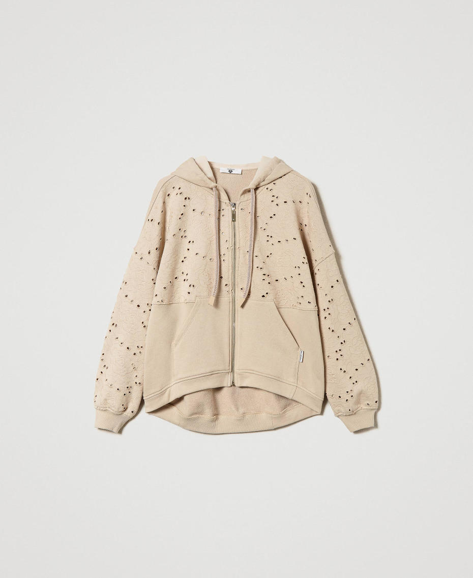 Hoodie with broderie anglaise and zip Champagne Woman 241LL2JJJ-0S