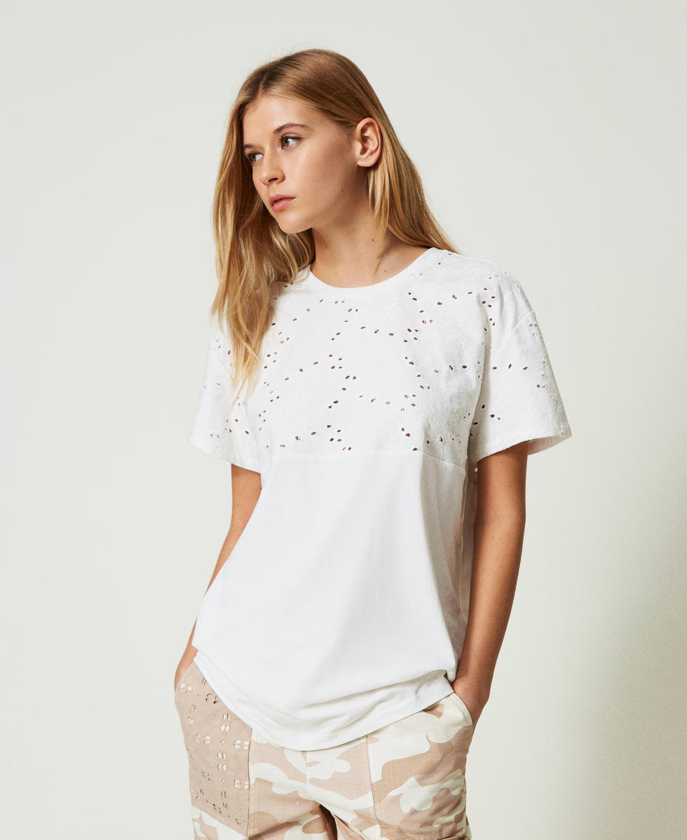 Maxi t-shirt avec broderie anglaise Off White Femme 241LL2JKK_00526_01