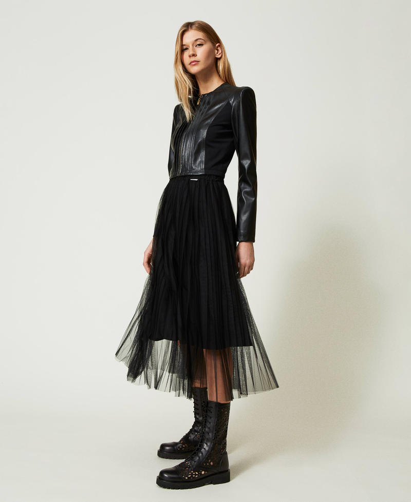 5-Layer Black Pleated Tulle Midi Skirt