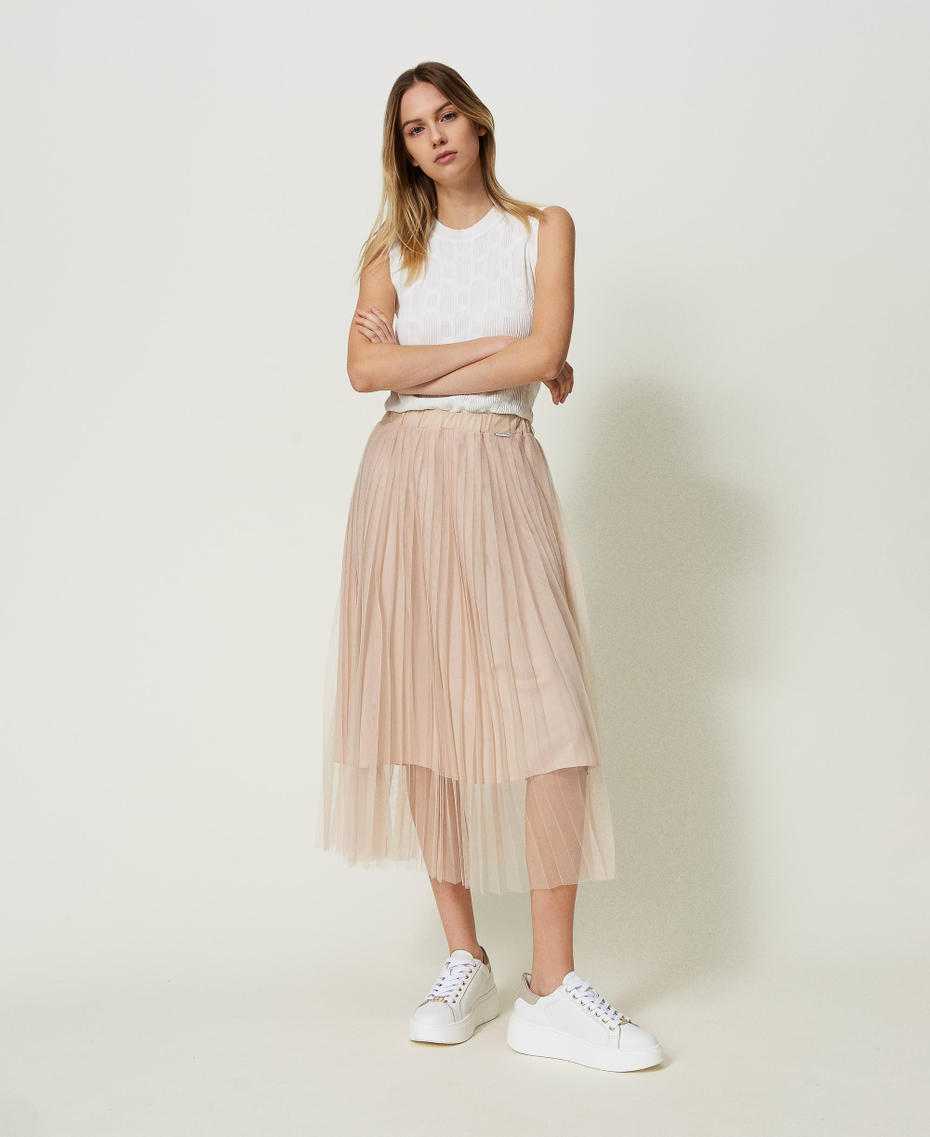 Falda midi de tul plisada Champagne Mujer 241LL2KBB_10286_01