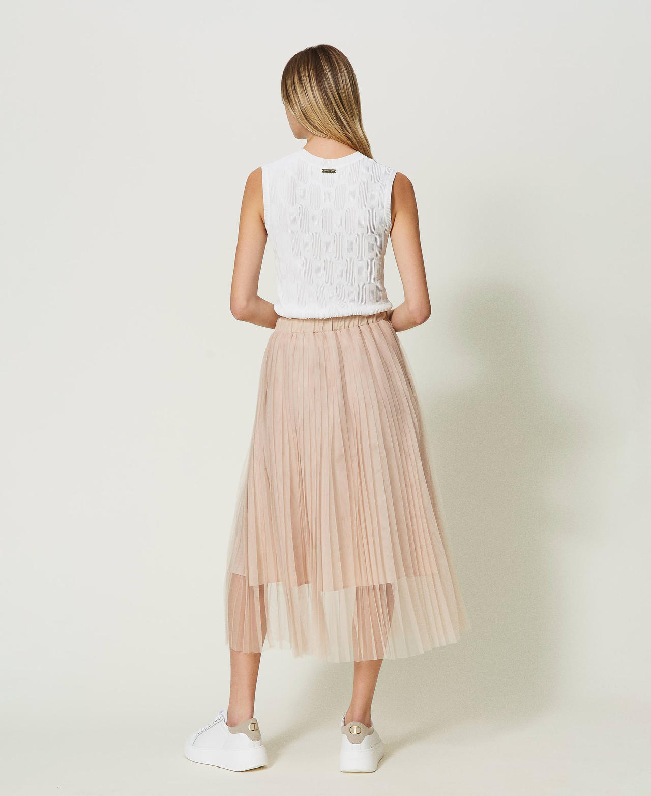 Falda midi de tul plisada Champagne Mujer 241LL2KBB_10286_03