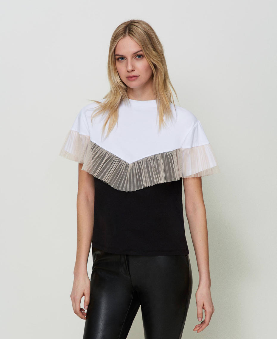 Two-tone t-shirt with tulle flounce Off White / “Champagne” Beige / Black Multicolour Woman 241LL2KCC-01