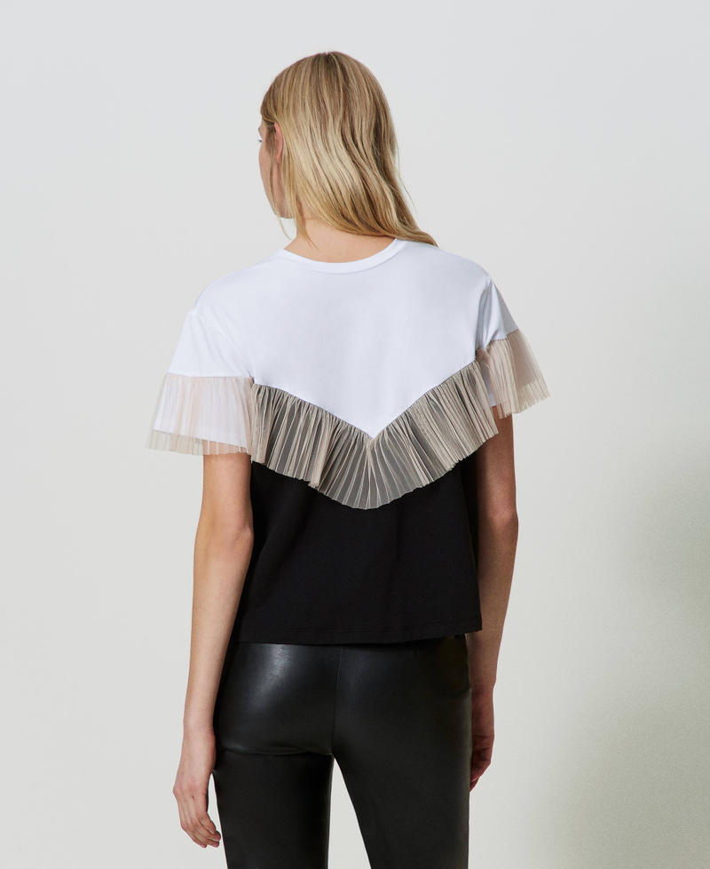 Two-tone t-shirt with tulle flounce Off White / “Champagne” Beige / Black Multicolour Woman 241LL2KCC-03