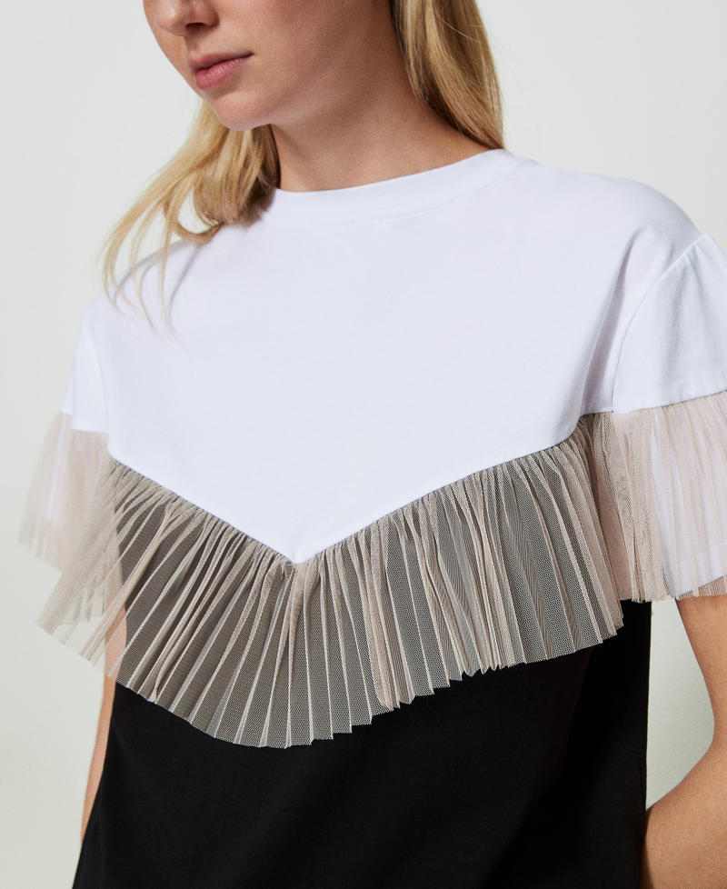 Two-tone t-shirt with tulle flounce Off White / “Champagne” Beige / Black Multicolour Woman 241LL2KCC-04