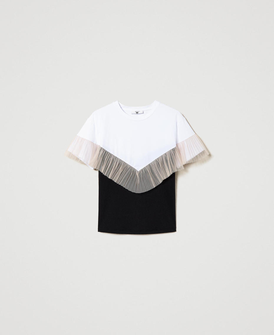 Zweifarbiges T-Shirt mit Tüllvolant Multicolor Off White / „Champagne“-Beige / Schwarz Frau 241LL2KCC-0S