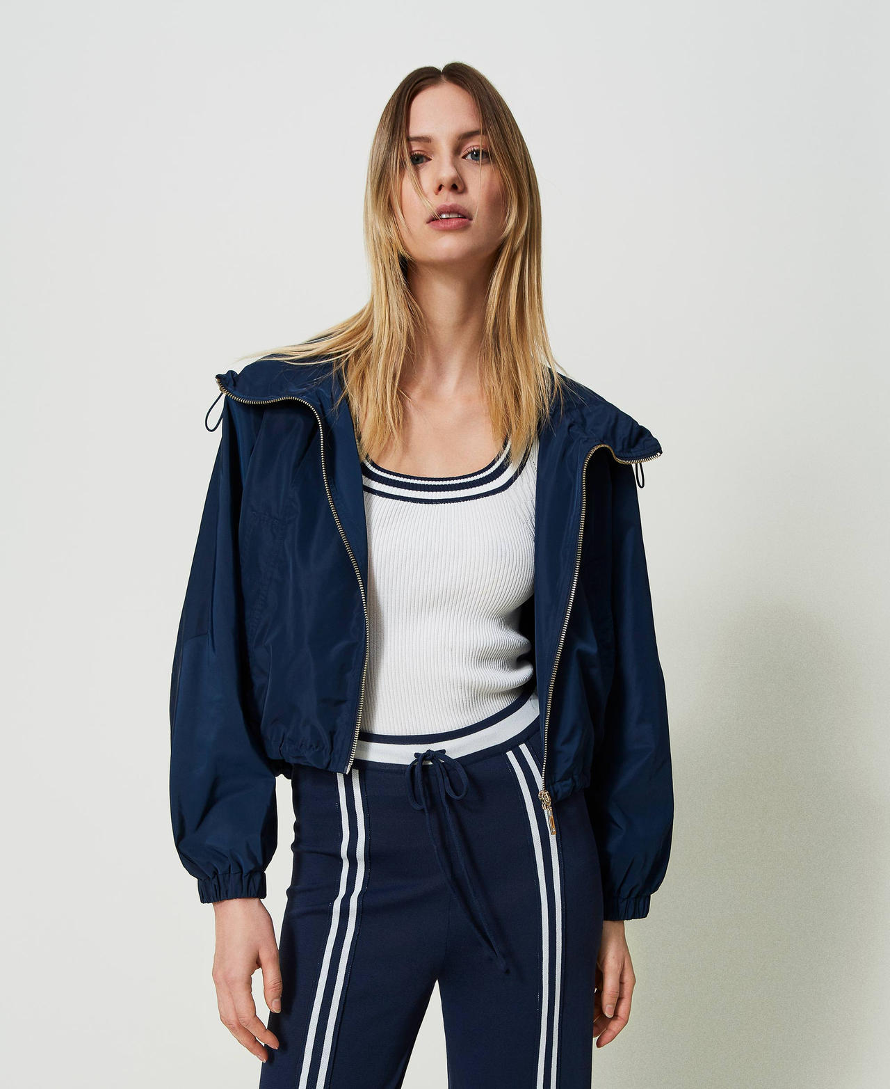 Nylon jacket with hood and zip Woman Blue TWINSET Milano