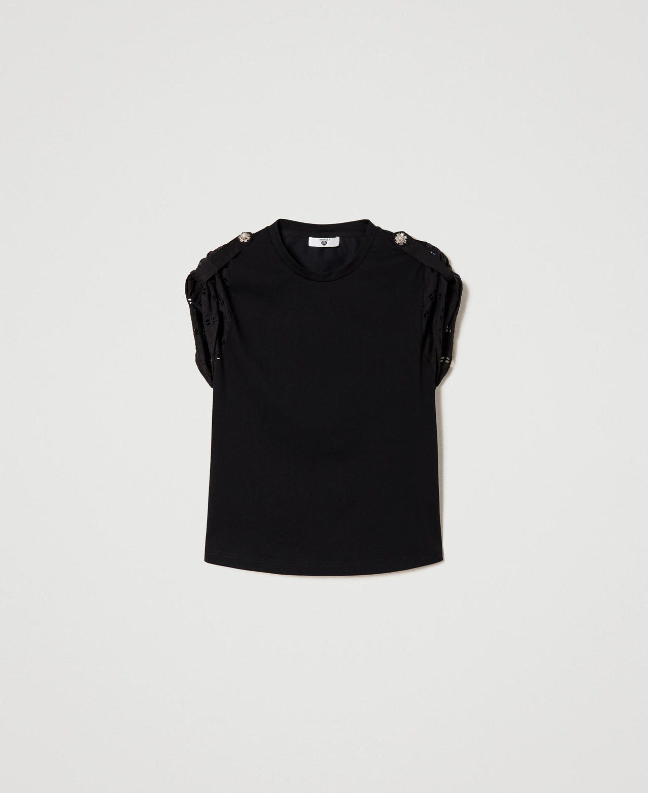 T-shirt with poplin broderie anglaise sleeves