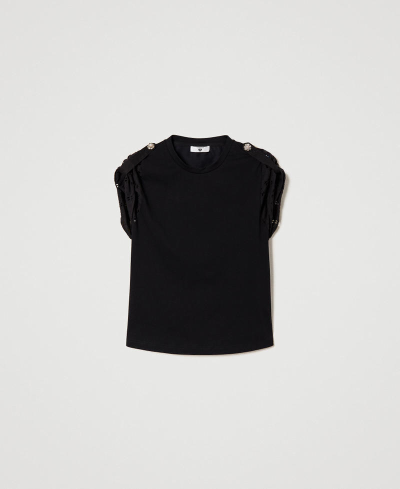 T-shirt with poplin broderie anglaise sleeves Black Woman 241LL2NJJ-0S