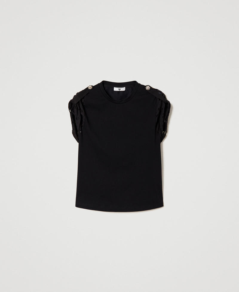 T-shirt with poplin broderie anglaise sleeves