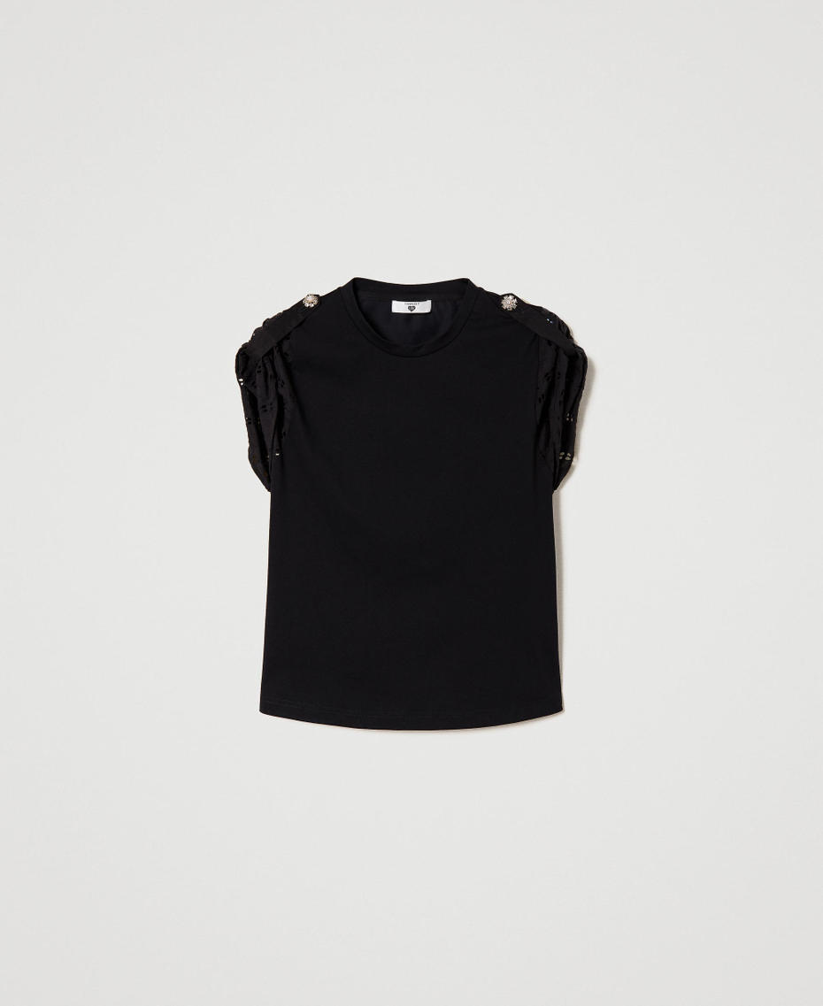 T-shirt with poplin broderie anglaise sleeves
