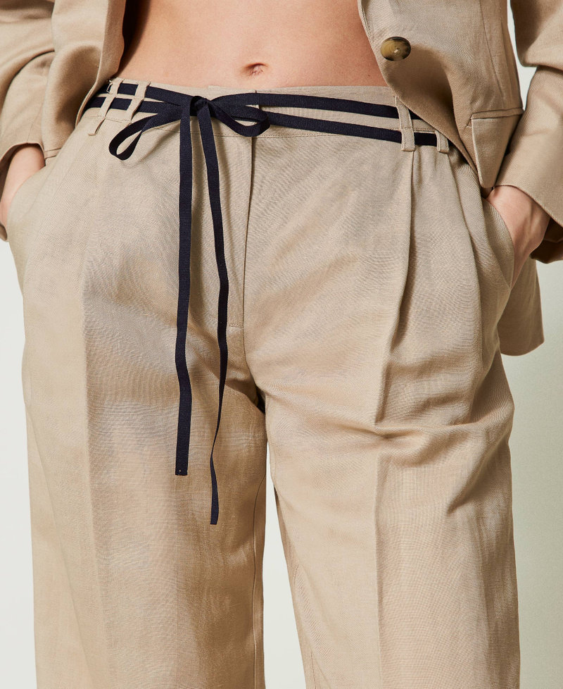 Linen blend trousers with belt Champagne Woman 241LL2PBB-04