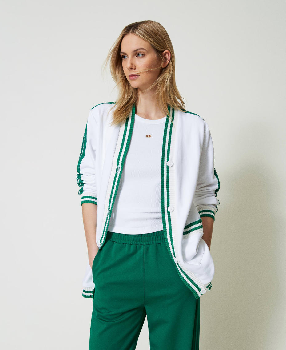 Maxi felpa con righe e ricamo Bicolor Off White / Verde "Alpine Green" Donna 241LL2QHH_11417_01