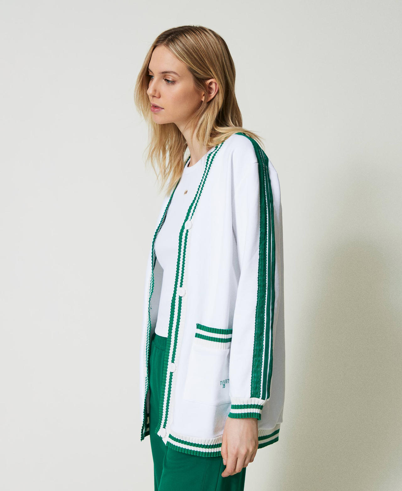 Maxi felpa con righe e ricamo Bicolor Off White / Verde "Alpine Green" Donna 241LL2QHH_11417_02