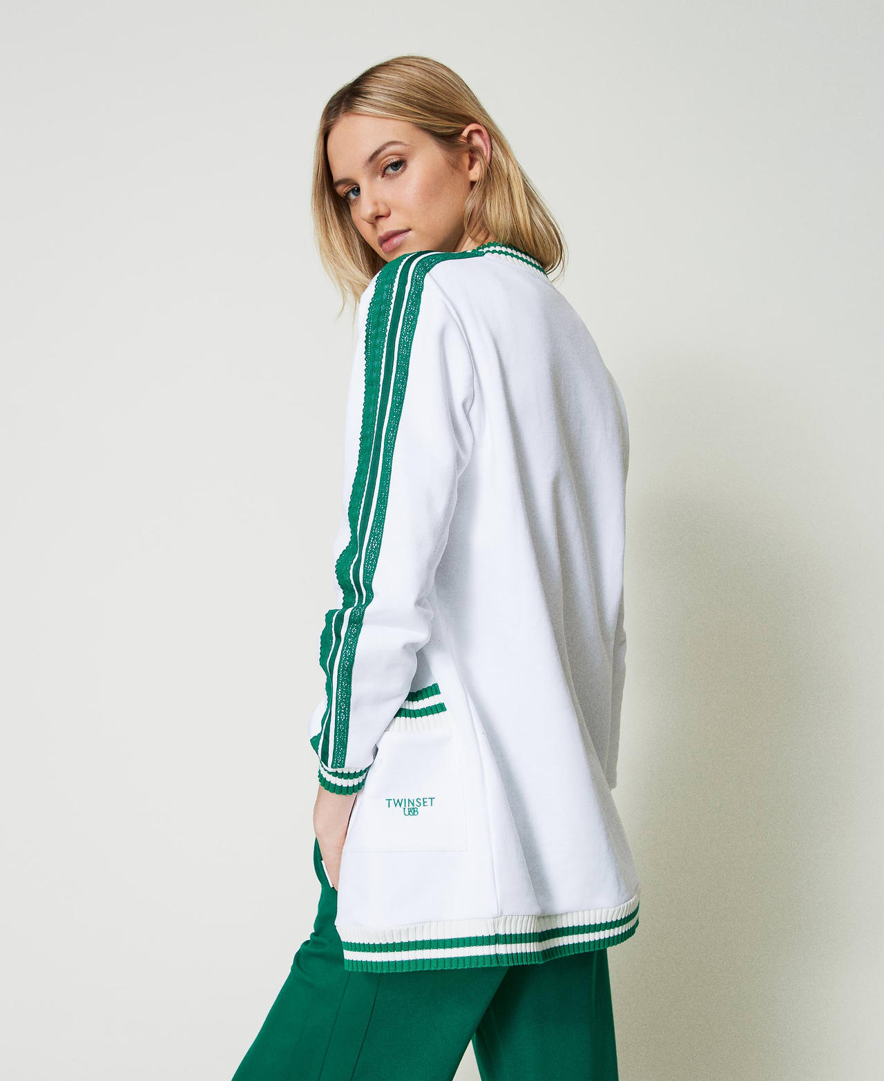 Maxi sweat-shirt avec rayures et broderie Bicolore Blanc Cassé/Vert « Alpine Green » Femme 241LL2QHH-03