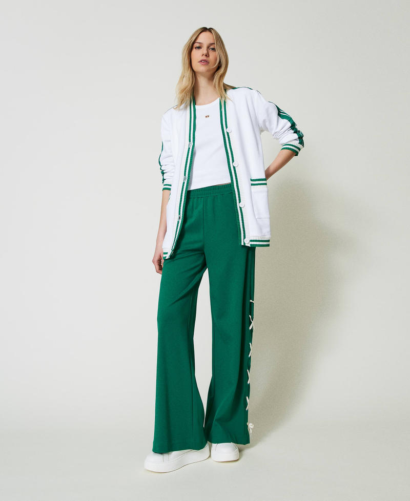 Maxi felpa con righe e ricamo Bicolor Off White / Verde "Alpine Green" Donna 241LL2QHH_11417_0T