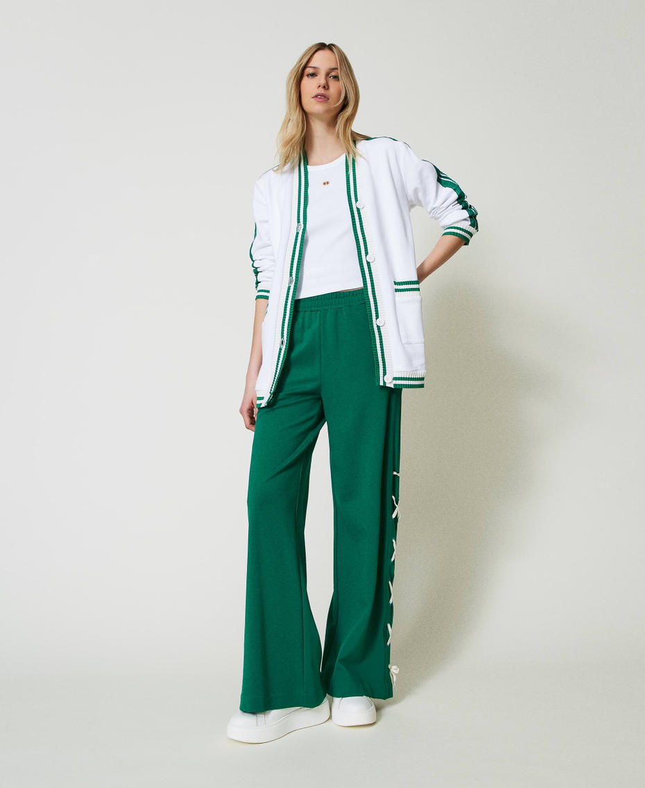 Maxi felpa con righe e ricamo Bicolor Off White / Verde "Alpine Green" Donna 241LL2QHH_11417_0T