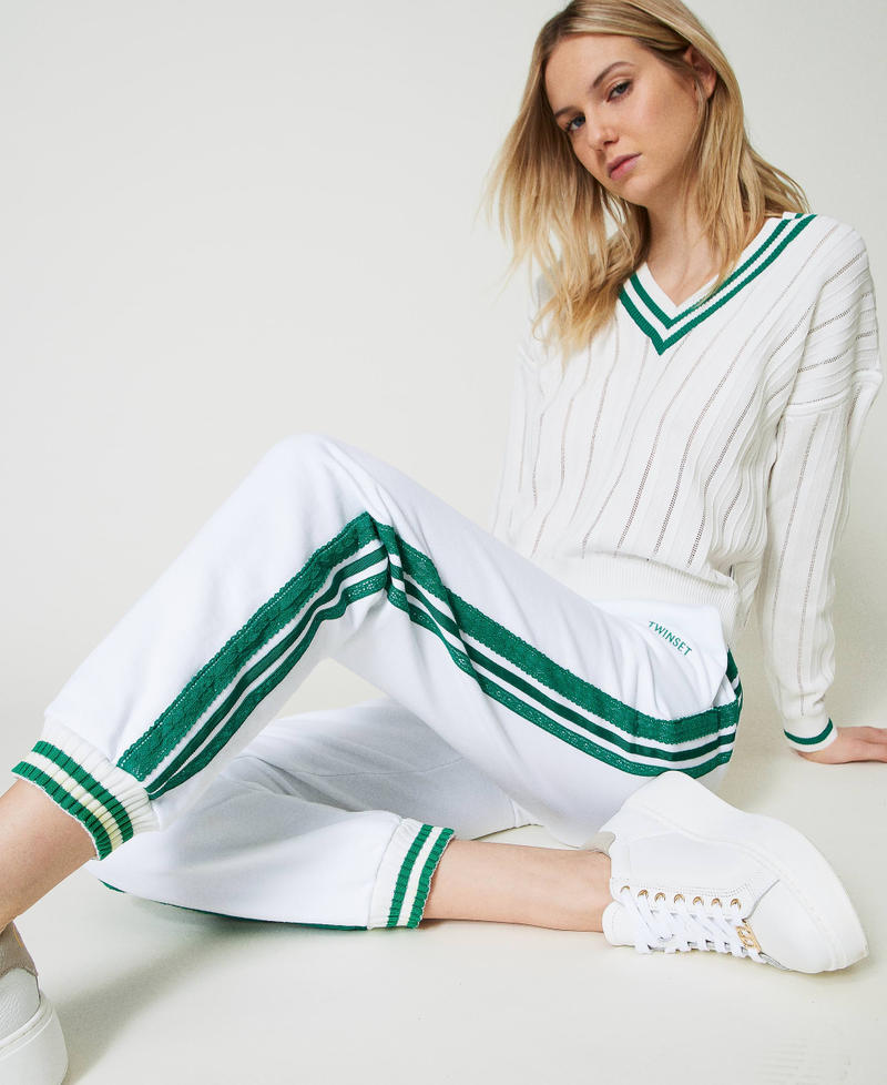 Plush fabric joggers with stripes Two-tone Off White / "Alpine Green" Woman 241LL2QJJ_11417_01