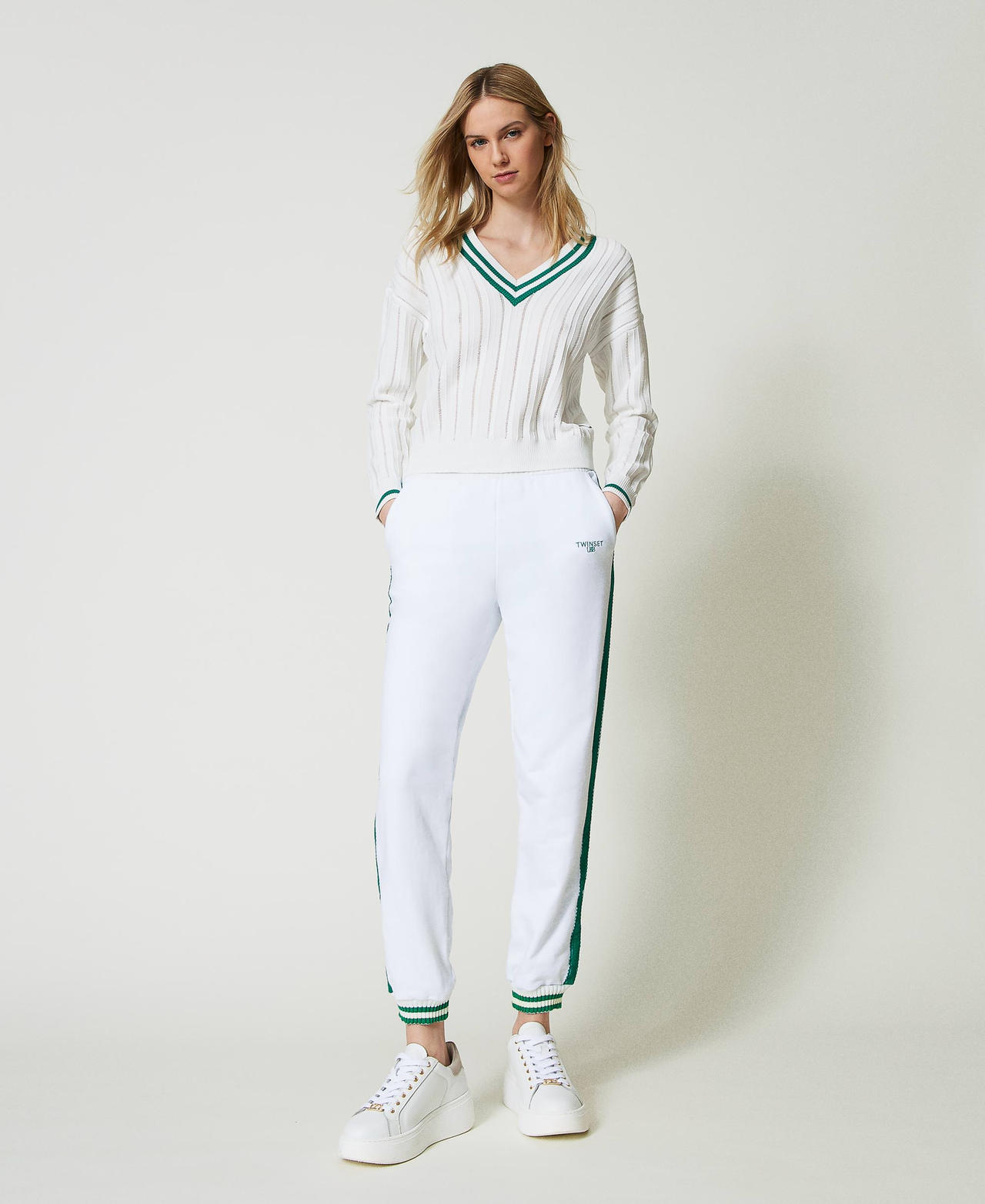 Plush fabric joggers with stripes Two-tone Off White / "Alpine Green" Woman 241LL2QJJ-02