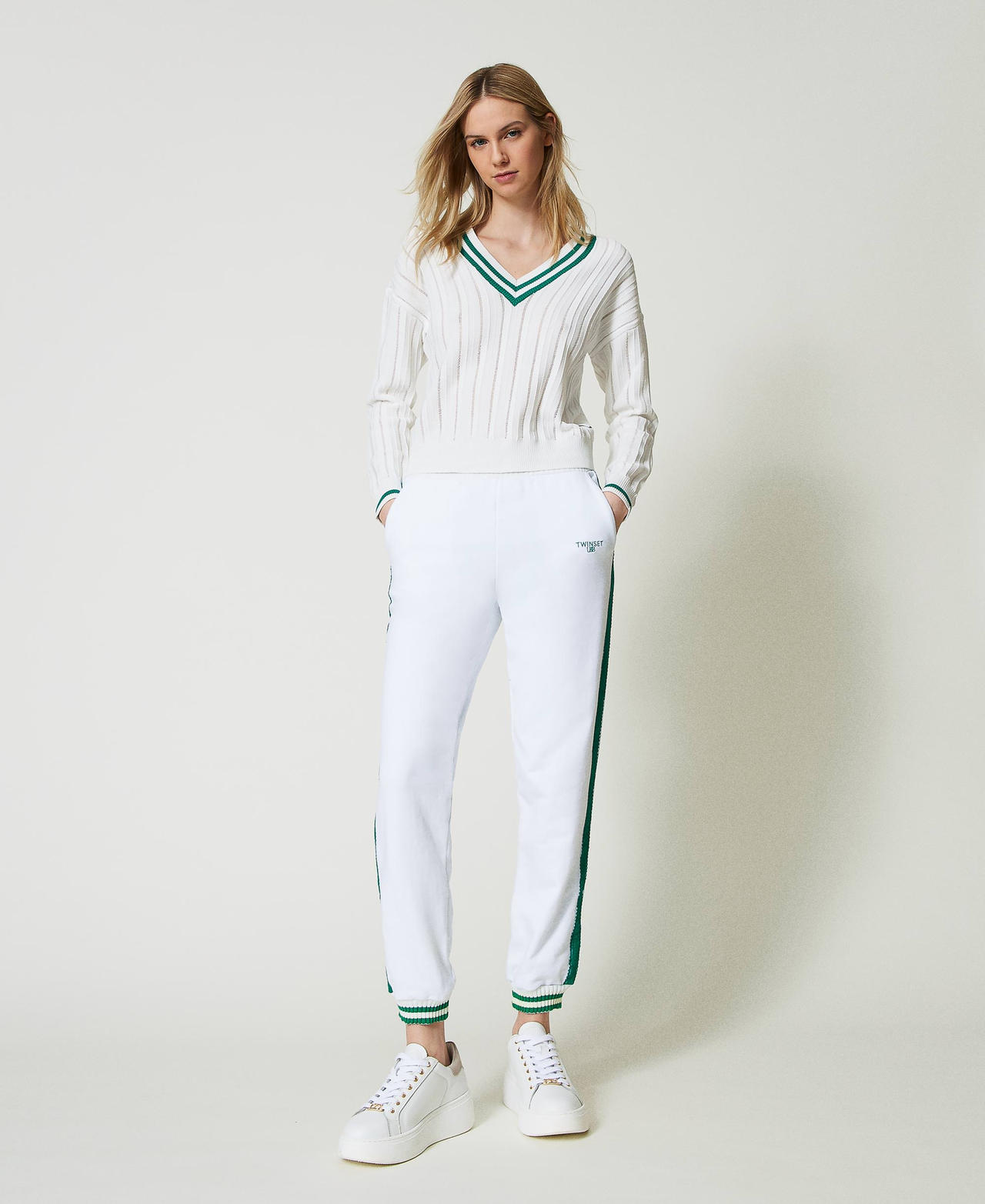 Plush fabric joggers with stripes Two-tone Off White / "Alpine Green" Woman 241LL2QJJ_11417_02