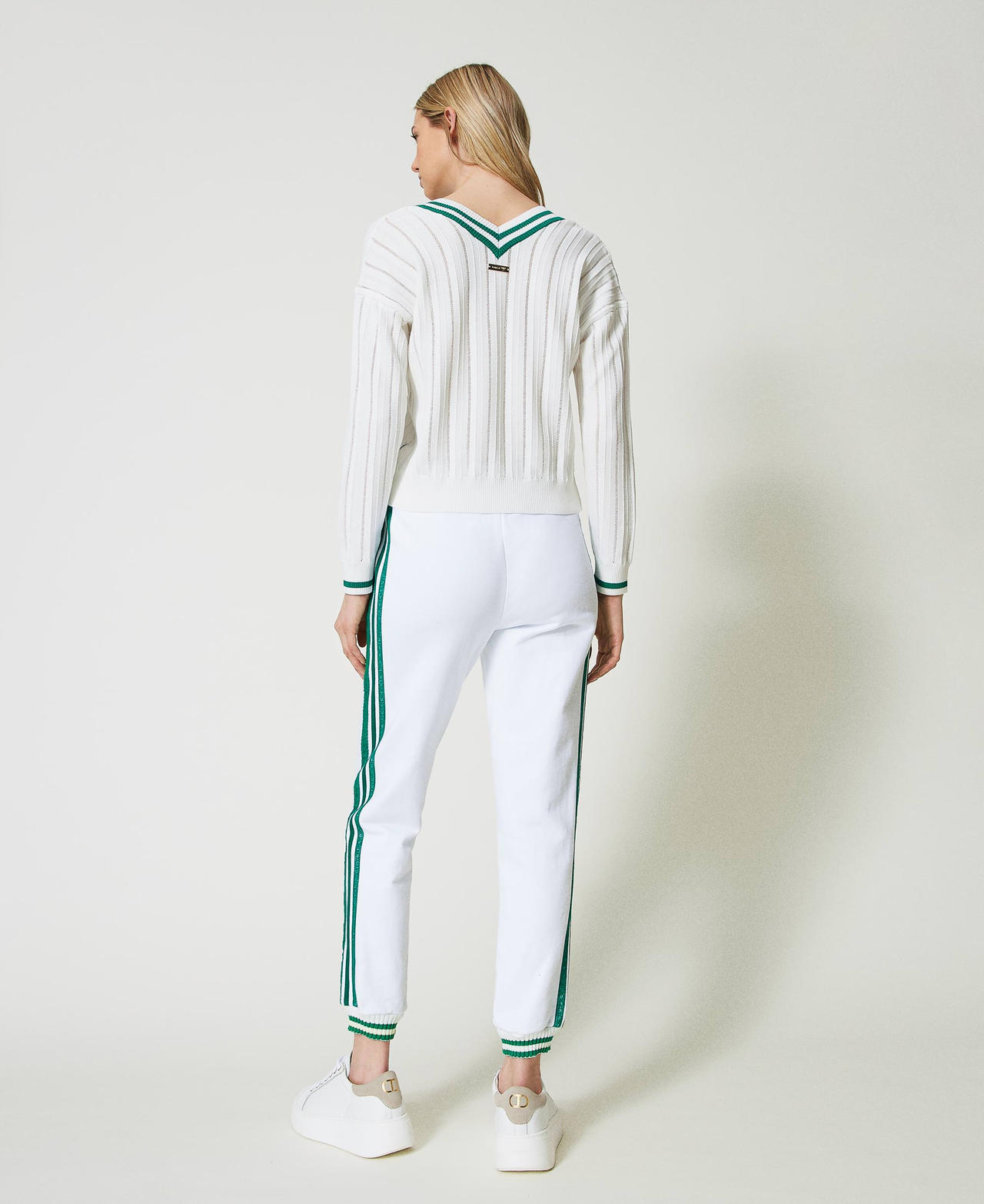 Plush fabric joggers with stripes Two-tone Off White / "Alpine Green" Woman 241LL2QJJ-03