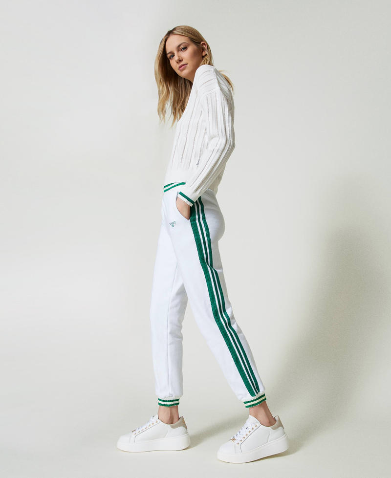 Plush fabric joggers with stripes Two-tone Off White / "Alpine Green" Woman 241LL2QJJ_11417_04