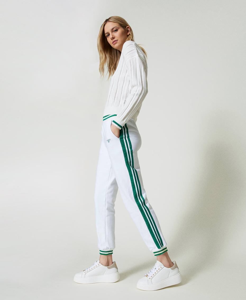 Plush fabric joggers with stripes Two-tone Off White / "Alpine Green" Woman 241LL2QJJ_11417_04