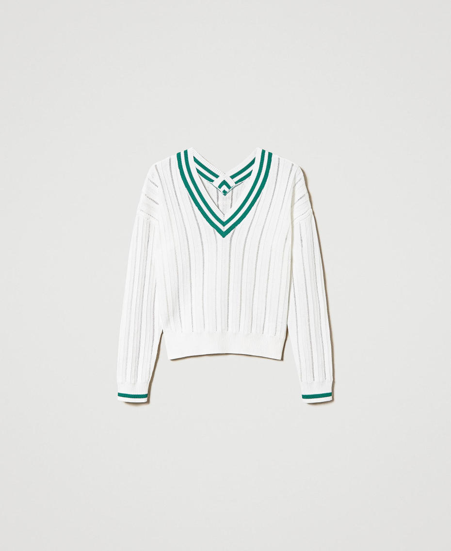 Jumper with contrasting stripes and embroidery Two-tone Off White / "Alpine Green" Woman 241LL32AA-0S
