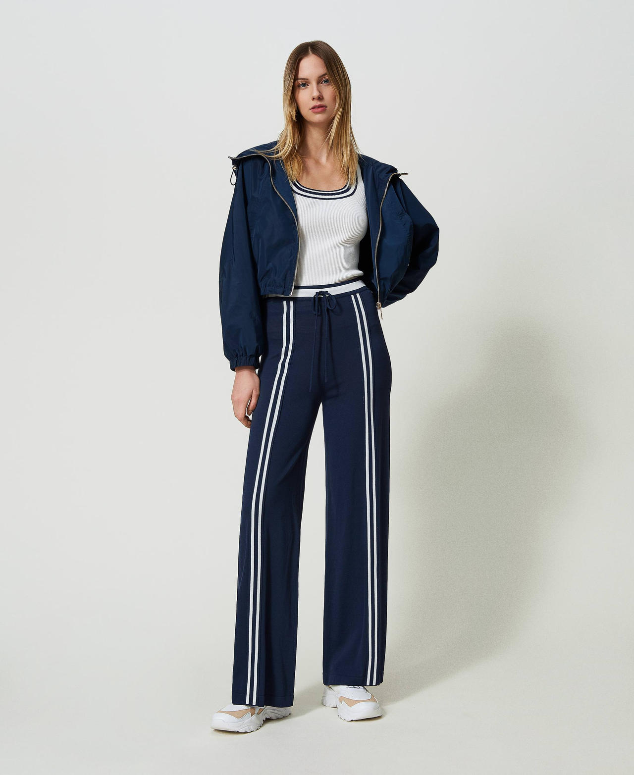 Pantalon palazzo avec rayures contrast&eacute;es Bicolore Robe Bleu/Blanc Cass&eacute; Femme 241LL35CC_11414_01