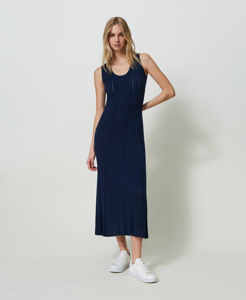 Long mixed stitch and cable knit dress "Dress" Blue Woman 241LL37BB-01