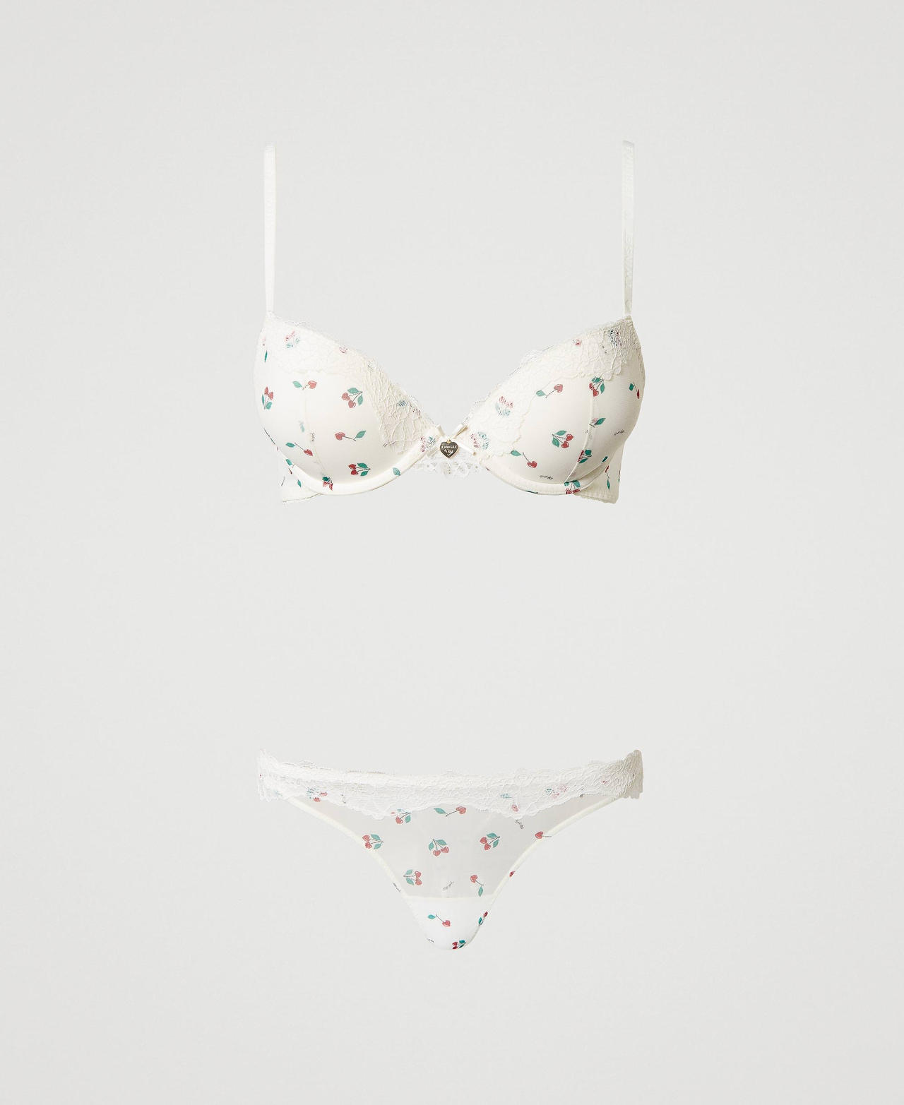 Tulle triangle bra and g-string set Cherry Print / Antique White Woman 241LL6B22_11419_0S