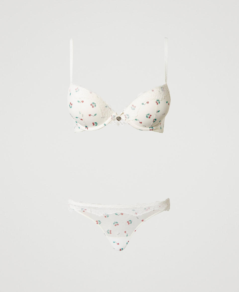 Tulle triangle bra and g-string set Cherry Print / Antique White Woman 241LL6B22_11419_0S