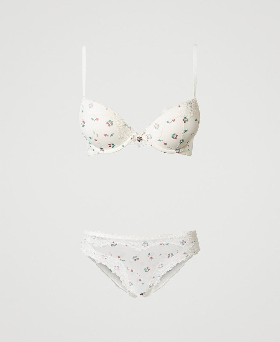 Tulle push-up bra and Brazilian brief set Cherry Print / Antique White Woman 241LL6B44_11419_0S