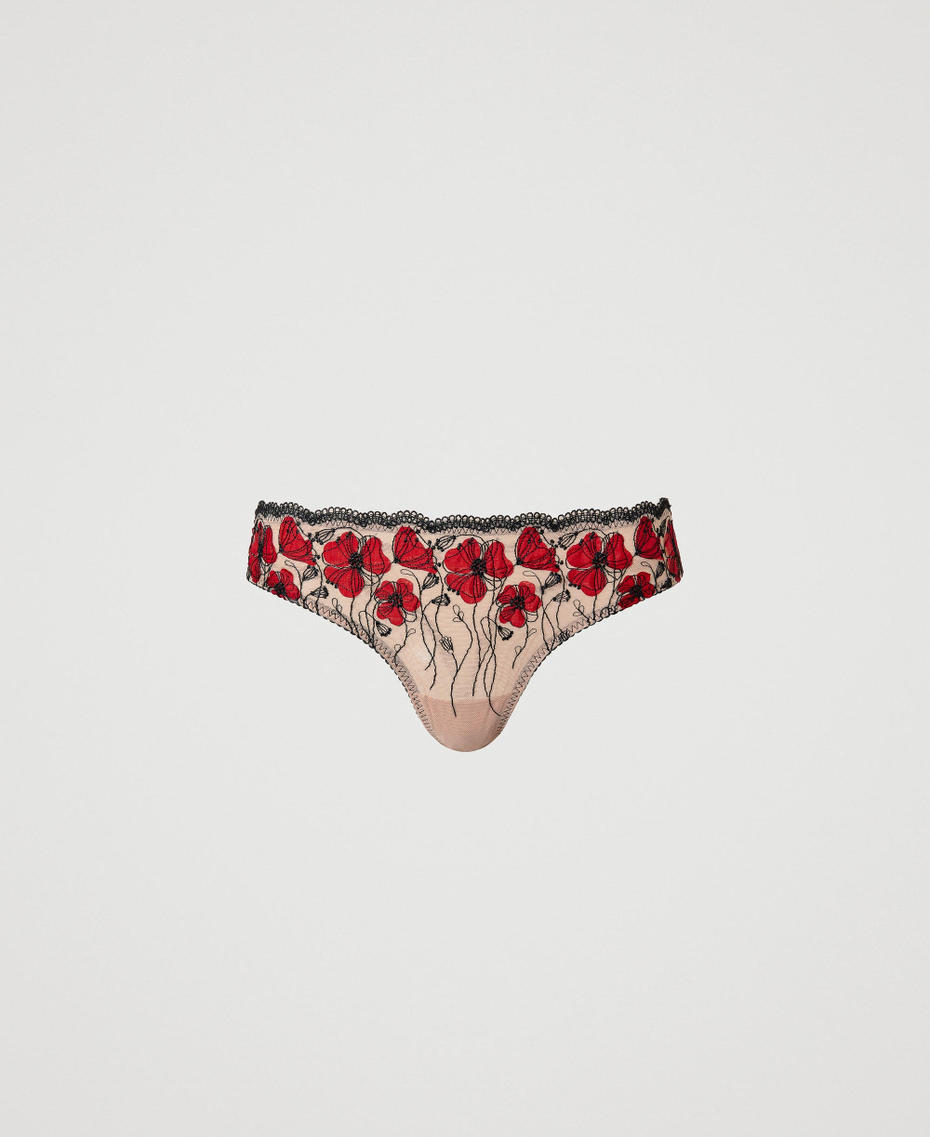 G-string with floral embroidery Two-tone "Champagne" Beige / Tango Red Woman 241LL6F88-0S