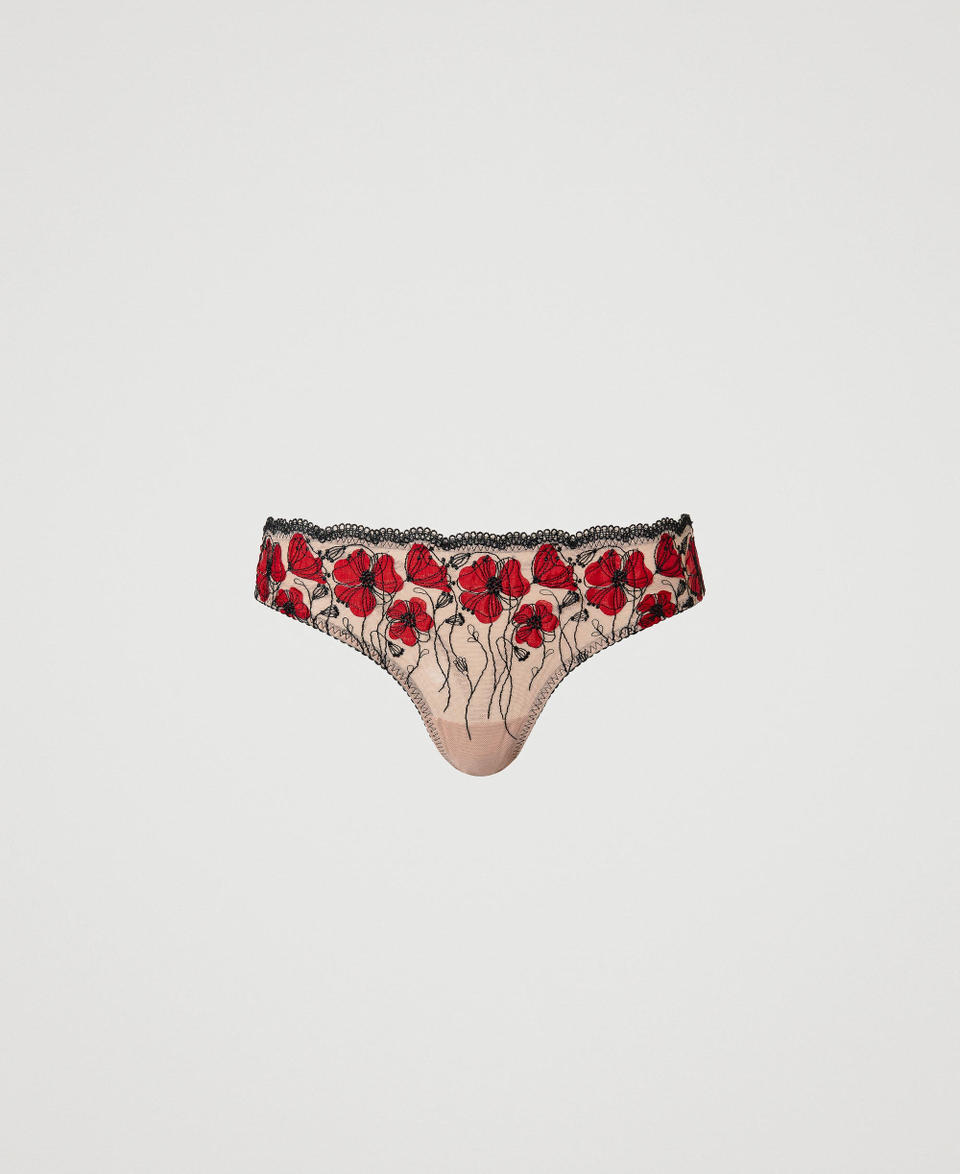 G-string with floral embroidery Two-tone "Champagne" Beige / Tango Red Woman 241LL6F88_11618_0S