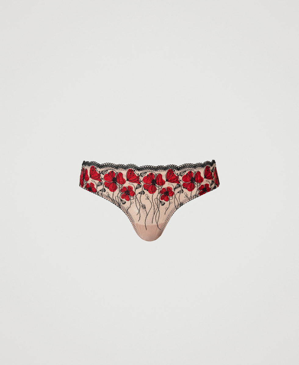 G-string with floral embroidery Two-tone "Champagne" Beige / Tango Red Woman 241LL6F88_11618_S0