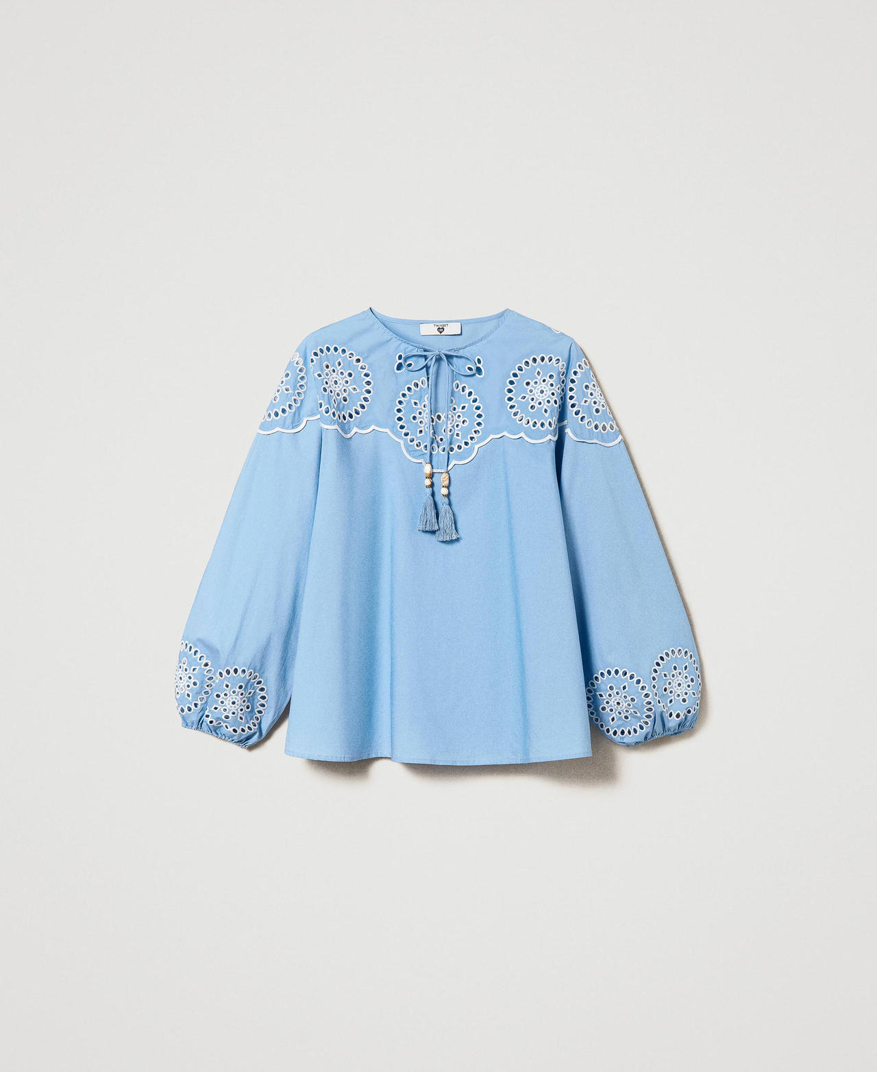 Poplin blouse with broderie anglaise Two-tone “Cornflower” Light Blue / Star White Woman 241LM2BAA-0S