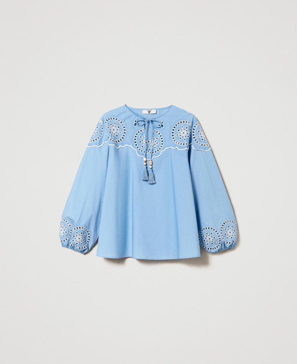 Blusa de popelina con bordado ingles Mujer Azul TWINSET Milano