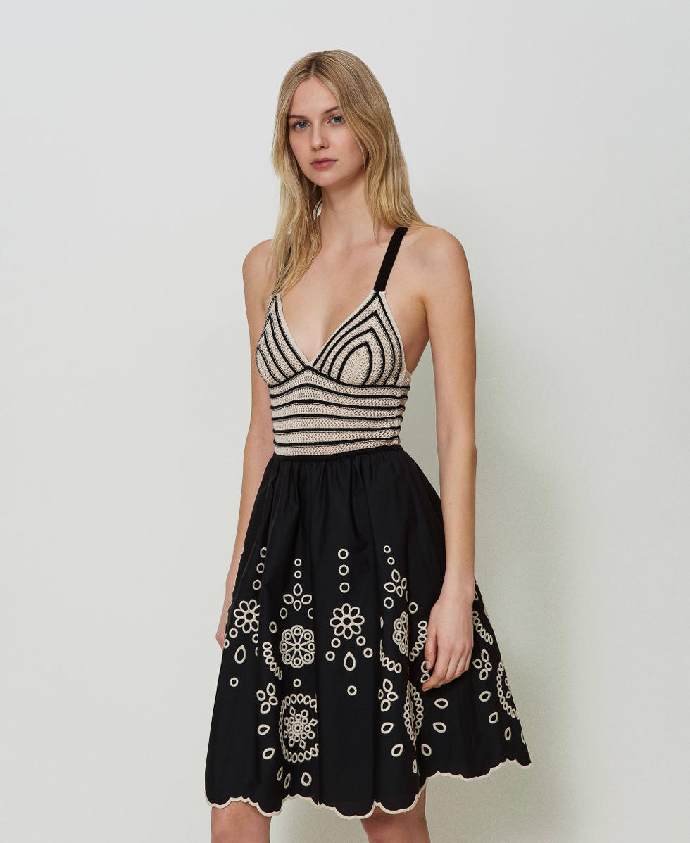 Abito corto in crochet e popeline Bicolor Nero / Beige "Shell" Donna 241LM2BCC_11555_01