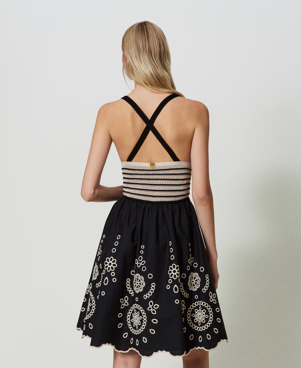 Abito corto in crochet e popeline Bicolor Nero / Beige "Shell" Donna 241LM2BCC_11555_03