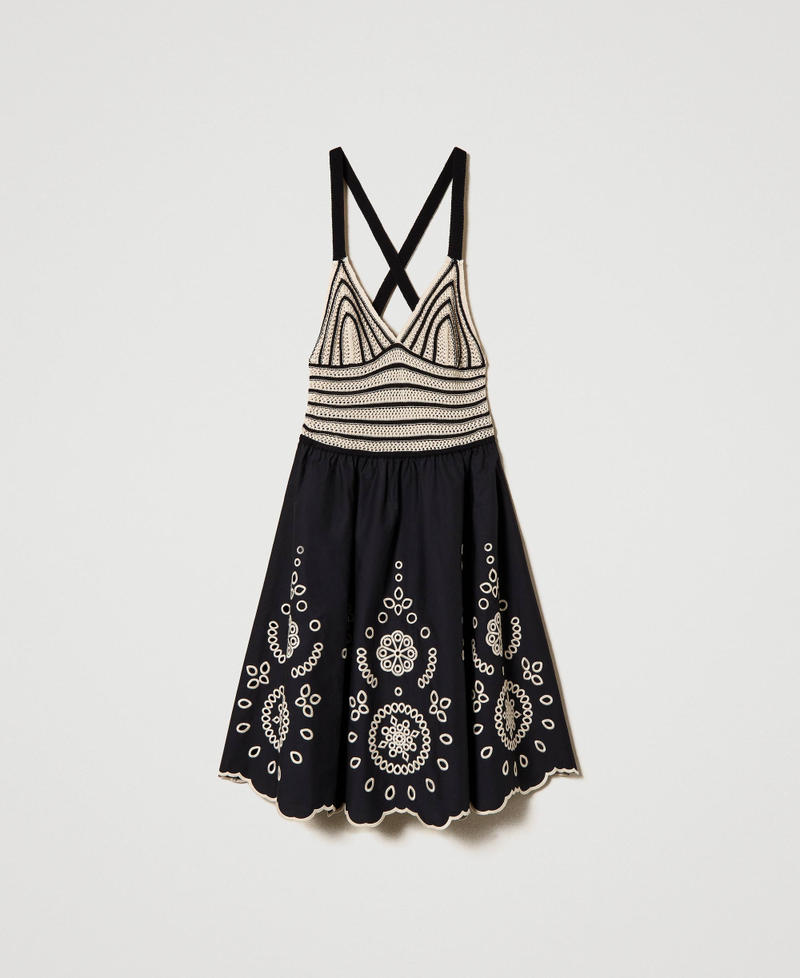 Short crochet and poplin dress Two-tone Black / “Shell” Beige Woman 241LM2BCC-0S