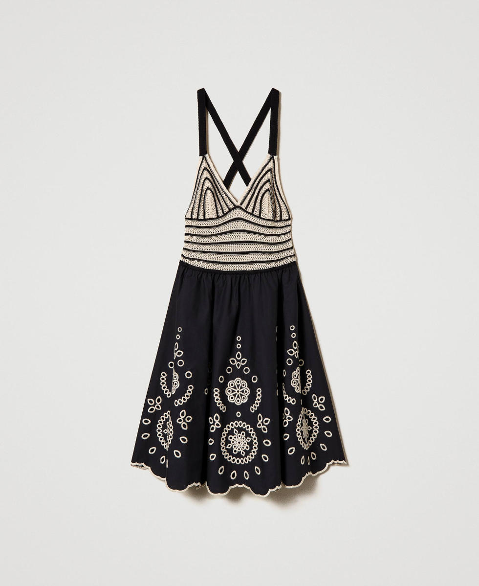 Abito corto in crochet e popeline Bicolor Nero / Beige "Shell" Donna 241LM2BCC_11555_S0