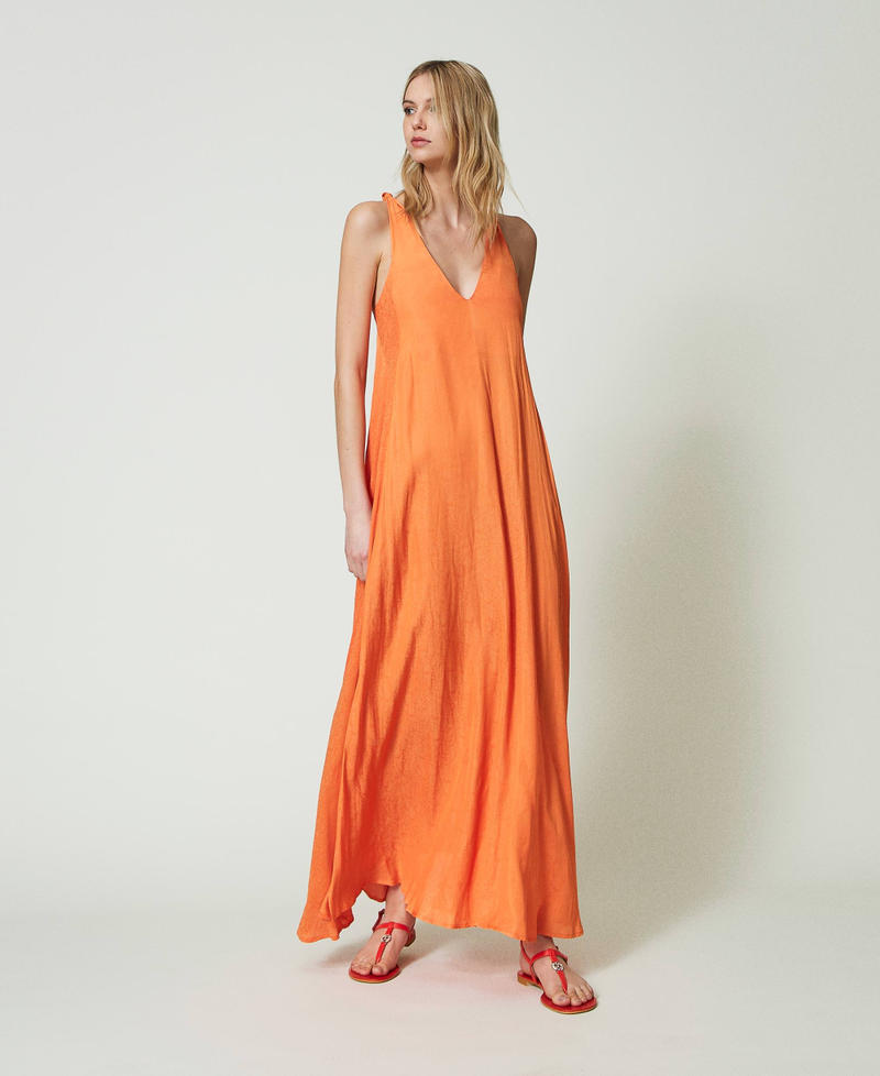 Robe longue en satin jacquard "Orange Estivale" Femme 241LM2EBB-01
