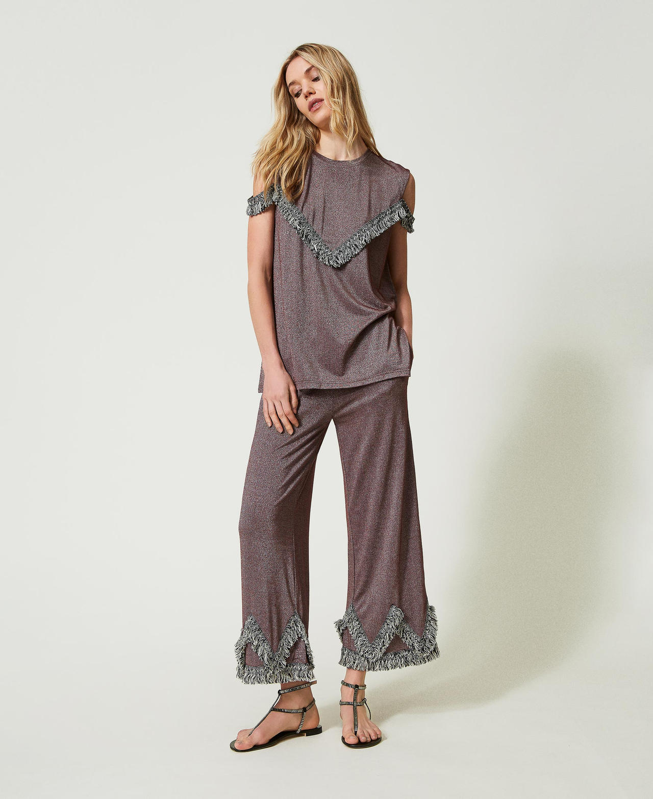 Pantaloni a palazzo con frange bicolor Marrone "Bitter Chocolate" Donna 241LM2HBB_11504_01
