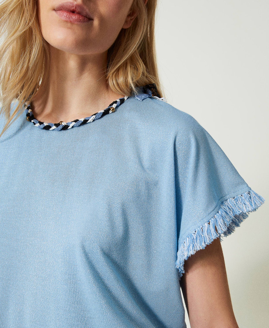 T-shirt with plaited lace and fringes Cornflower Blue Woman 241LM2HCC-04