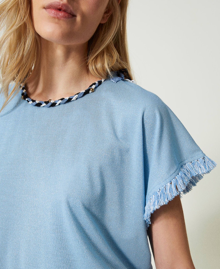 T-shirt with plaited lace and fringes Cornflower Blue Woman 241LM2HCC_00502_04